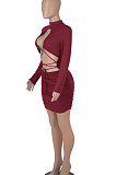 Black Women Long Sleeve Pure Color Sexy Bandage Strapless Hollow Out Mini Dress WMZ2679-1