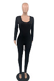 Black Sexy Long Sleeve Back Tighten The Belt Solid Color Bodycon Jumpsuits QSS51053-3