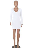 Black Women Long Sleeve Casual Solid Color V Collar Tight Mid Waist Mini Dress WMZ2667-1
