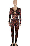 Brown Euramerican Women Autumn Sexy Trendy Leaves Printing Hollow Out Pants Sets SH7289-2