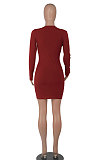 Wine Red Women Long Sleeve Casual Solid Color V Collar Tight Mid Waist Mini Dress WMZ2667-2