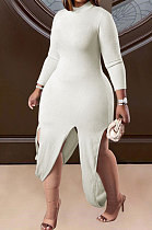 Rice White Women Solid Color Ribber Lower Hem Split Irregular Plus Mini Dress QHH8668-3