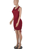 Wine Red Women Round Collar Bodycon Drawsting Sleeveless Ruffle Knit Fashion Mini Dress WMZ2678-2