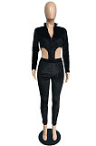 Black Night Club Mesh Spliced Velvet Long Sleeve Skinny Pants Solid Color Sets JG061