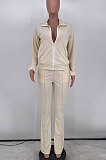 Apricot Simple New Long Sleeve Zip Front Tops Flare Pants Plain Color Sets HG1511-5