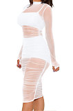 White Euramerican Club Lady Mesh Spaghetti Tank Shorts Round Collar Pullover Ruffle Mini Dress Three Pieces WMZ2482-4