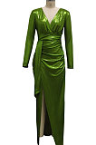 Green High Quality Hot Stamping Long Sleeve Deep V Neck High Slit Elegant Dress SMR10747-1