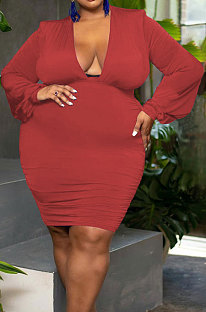 Red Fat Women;'s Puff Sleeve Deep V Neck Ruffle Slim Fitting Dress JG063-3