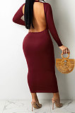 Wine Red Women Solid Color Sexy Long Sleeve Backless Round Collar Pullover Elastic Waist Long Dress WMZ2675-3