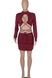 Wine Red Women Long Sleeve Pure Color Sexy Bandage Strapless Hollow Out Mini Dress WMZ2679-4