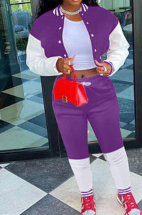 Purple Modest New Spliced Long Sleeve Cardigan Coat Trousers Sports Sets ARM8313-2