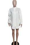 White Women Fashion Flounce Cardigan Shirts Pure Color Mini Dress XT8120