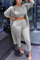 Gray Women Long Sleeve Solid Color Coat Short Tank Pants Three Pieces HM5514-2