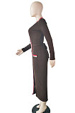 Brown Wholesale Women's Ribber Long Sleeve V Neck Bandage Slim Fitting Dress L0365-3