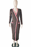 Wine Red Wholesale Women's Ribber Long Sleeve V Neck Bandage Slim Fitting Dress L0365-2