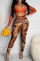 Caramel Color Women Trendy Sexy Mesh Spaghetti Printing Bandage Crop Pants Sets ED8538-3
