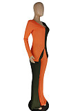 Orange Fashion Ribber Spliced Long Sleeve Flare Pants Slim Fitting Two-Piece E8620-1