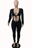 Black Women Fashion Sexy Pure Color Ribber Tied Crop Bodycon Jumpsuits YSH86278-1