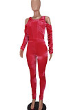 Watermelon Red Women Casual Velvet Off Shoulder Pure Color Ruffle Bodycon Jumpsuits ED8539-4