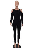 Black Women Casual Velvet Off Shoulder Pure Color Ruffle Bodycon Jumpsuits ED8539-2