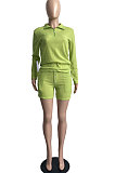 Green Simple Preppy Waffle-Knit Long Slereve Zipper Tops Shorts In Home Suit FH177-4