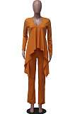 Apricot Pink Ribber Long Sleeve V Neck Irregular Tops Trousers Solid Color Set SY8829-2
