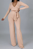 White Ribber Long Sleeve V Neck Irregular Tops Trousers Solid Color Set SY8829-1