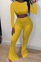 Yellow Women Pure Color Long Sleeve Dew Waist Sexy Ribber Tiny Flared Pants Sets ED8537-1