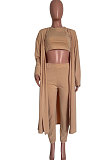 Apricot Women Long Sleeve Solid Color Coat Short Tank Pants Three Pieces HM5514-1