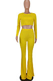 Yellow Women Pure Color Long Sleeve Dew Waist Sexy Ribber Tiny Flared Pants Sets ED8537-1