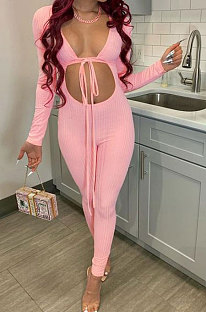 Pink Women Fashion Sexy Pure Color Ribber Tied Crop Bodycon Jumpsuits YSH86278-2