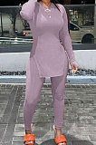Pink Simple Pure Color Long Sleeve Round Neck Slit Tops Pencil Pants Suit N9270-7
