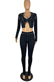 Black Newest Design Long Sleeve Irrugelar Tops Skinny Pants Casual Sets E8616-2