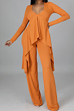 Apricot Pink Ribber Long Sleeve V Neck Irregular Tops Trousers Solid Color Set SY8829-2