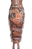 Black Euramerican Women Leopard Printing Tassel Skirts HM5516-1