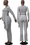 Black Ribber Long Sleeve V Neck Irregular Tops Trousers Solid Color Set SY8829-3