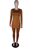Brown Simple Pure Color Long Sleeve Round Neck Slit Tops Pencil Pants Suit N9270-1