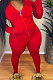 Red Cotton Blend Long Sleeve Zipper Hoodie Skinny Pants Solid Color Suit FH180-5