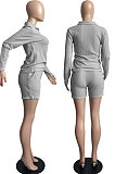 Grey Simple Preppy Waffle-Knit Long Slereve Zipper Tops Shorts In Home Suit FH177-1