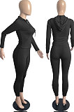 Black Cotton Blend Long Sleeve Zipper Hoodie Skinny Pants Solid Color Suit FH180-3