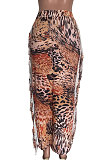 Yellow Euramerican Women Leopard Printing Tassel Skirts HM5516-2
