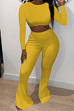 Black Women Pure Color Long Sleeve Dew Waist Sexy Ribber Tiny Flared Pants Sets ED8537-3