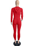 Red Cotton Blend Long Sleeve Zipper Hoodie Skinny Pants Solid Color Suit FH180-5
