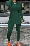 Neon Green Simple Pure Color Long Sleeve Round Neck Slit Tops Pencil Pants Suit N9270-6