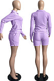 Purple Simple Preppy Waffle-Knit Long Slereve Zipper Tops Shorts In Home Suit FH177-2