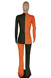 Orange Fashion Ribber Spliced Long Sleeve Flare Pants Slim Fitting Two-Piece E8620-1