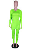 Neon Green Simple Pure Color Long Sleeve Round Neck Slit Tops Pencil Pants Suit N9270-6