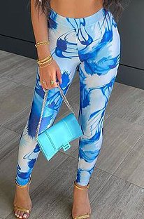 Blue Casual Design Printed Elastic Yoga Hip Pants FH181-4
