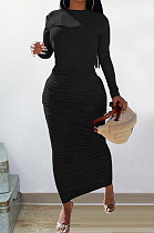 Black Women Long Sleeve Solid Color Fashion Round Collar Shirred Detail Long Dress YSH86273-2