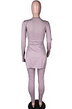 Grey Simple Pure Color Long Sleeve Round Neck Slit Tops Pencil Pants Suit N9270-5